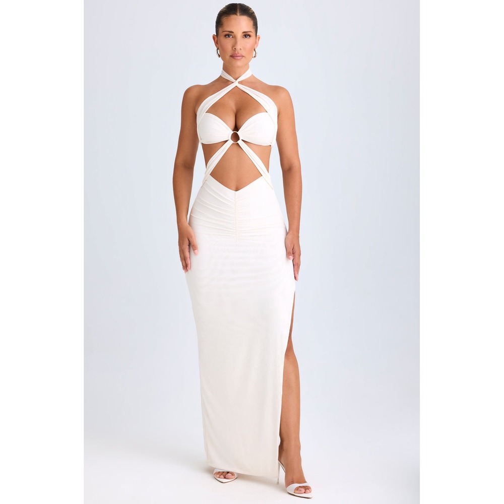 Oh Polly Kalyani White Cut Out Ruched Halter Maxi Dress NWT Size XS